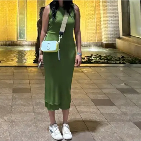 Chartreuse Knit Midi Tank Dress SMALL Bodycon Silky Ruched Designer $445 - Picture 9 of 10